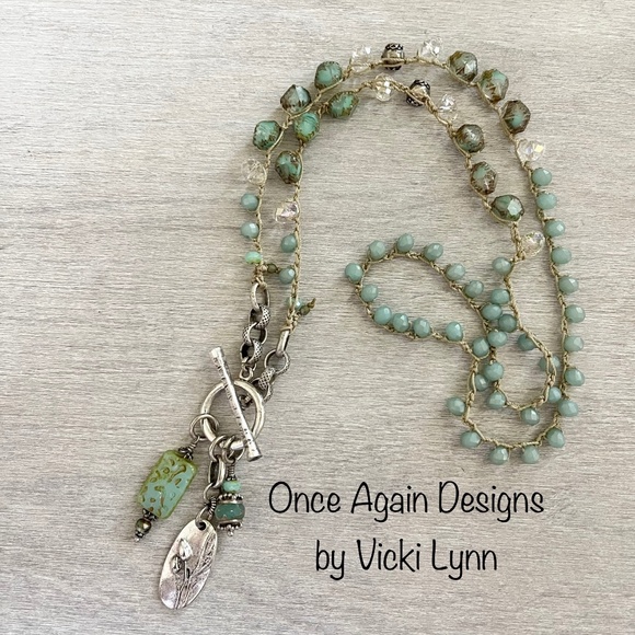 Hand Crafted Jewelry - ARTISAN OOAK Sea Green Beaded Crocheted Necklace with Specialty Accents & Charms